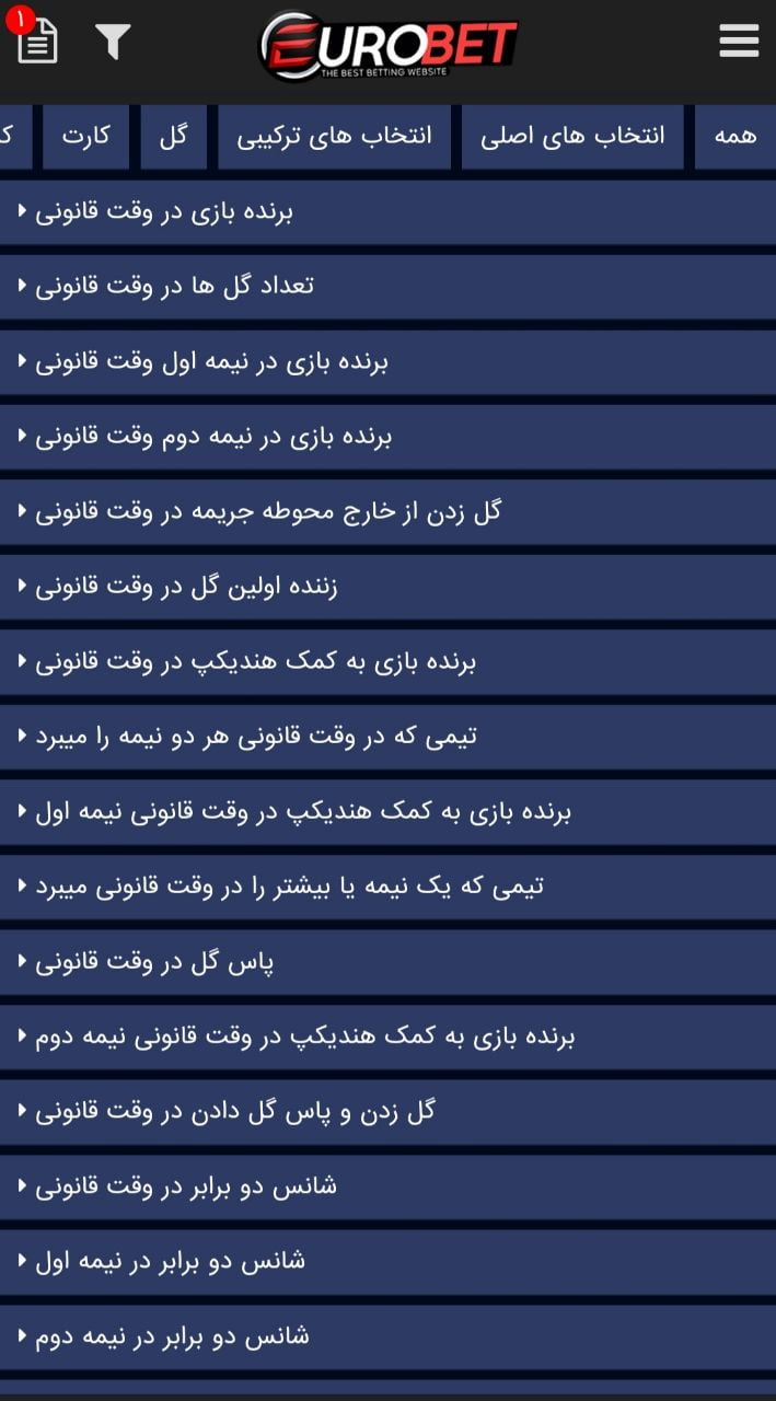 اپشن های سایت یورو بت eurobet