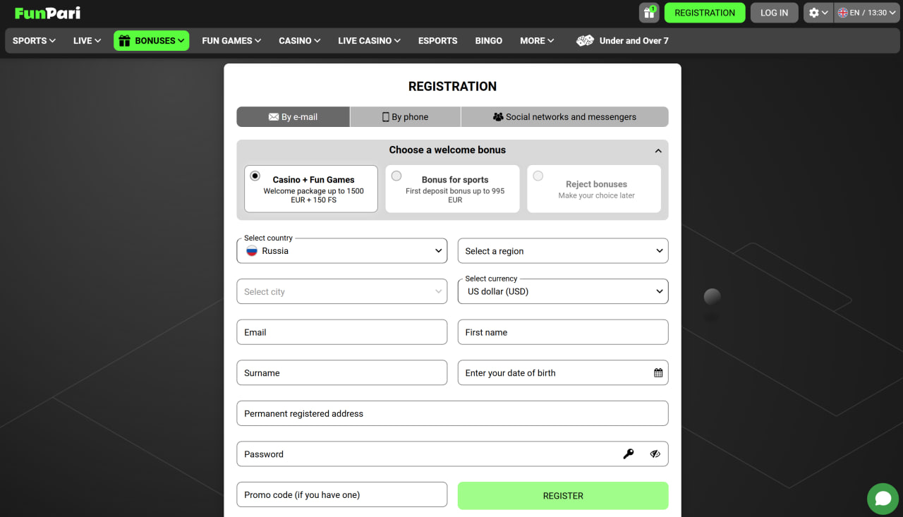 ثبت نام در FunPari